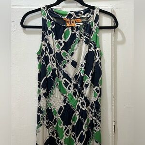 TORY BURCH BLUE WHITE GREEN NAVY CHAIN LINK  SLEEVELES SILK DRESS
Size XS